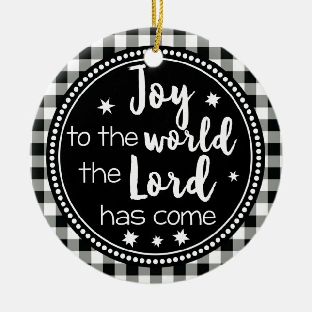 Joy to the World Plaid Christian Christmas Ceramic Tree Decoration (Front)