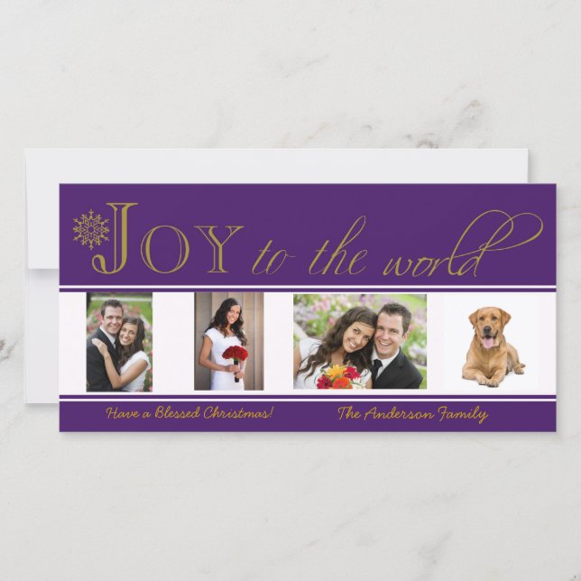 Joy to the World Purple Christmas Photo Card (Front)