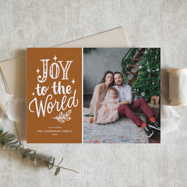 Joy to the World Quote Rustic Burnt Orange Photo Holiday Card (Celebrate the season with this "Joy to the World" photo Christmas card in burnt orange.)