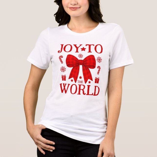 Joy to the World Red Gingham Bow Christmas Shirt (Front)