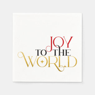 Joy To The World Red Gold Black Script Typography Napkin
