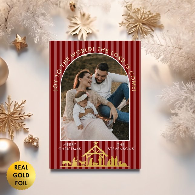 Joy To The World Red Nativity Christmas Photo Foil Holiday Card (Creator Uploaded)