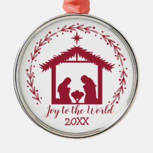 Joy to the World Red Nativity Metal Ornament