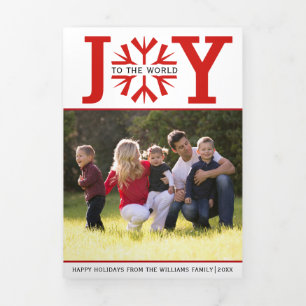 Joy to the world red snowflake Christmas Tri-Fold Holiday Card