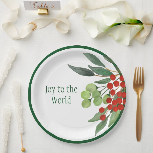 Joy to the World Religious Red Green Christmas Paper Plate (Wedding)