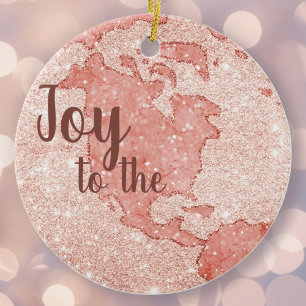 Joy To The World Rose Gold Glitter Pink Christmas Ceramic Tree Decoration