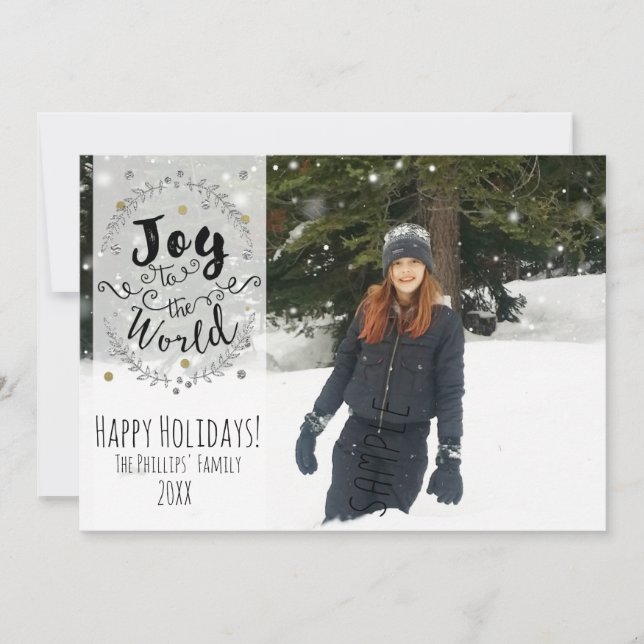 Joy to the World Rustic Silver Gold Holiday Photo Card (Front)
