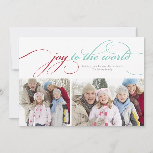 Joy To The World Script | Red/Light Blue Holiday Card (Front)