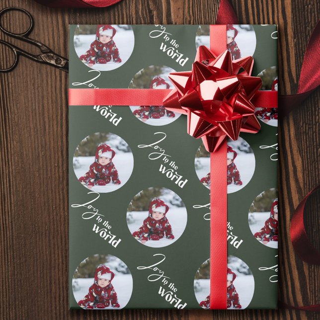 Joy to the World Script Round Photos Green Wrapping Paper (Creator Uploaded)