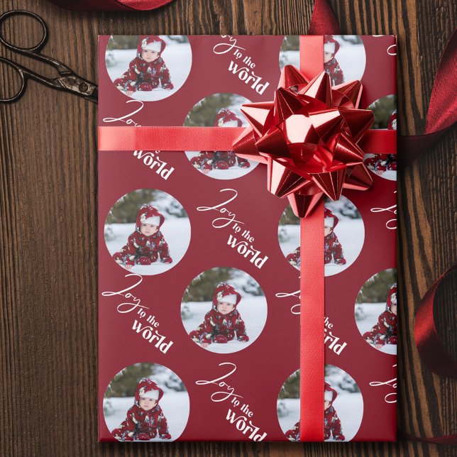 Joy to the World Script Typography Round Photo Red Wrapping Paper (Creator Uploaded)