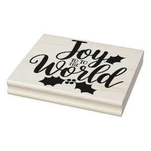 Joy to the World Script with Holly Accents Rubber Stamp