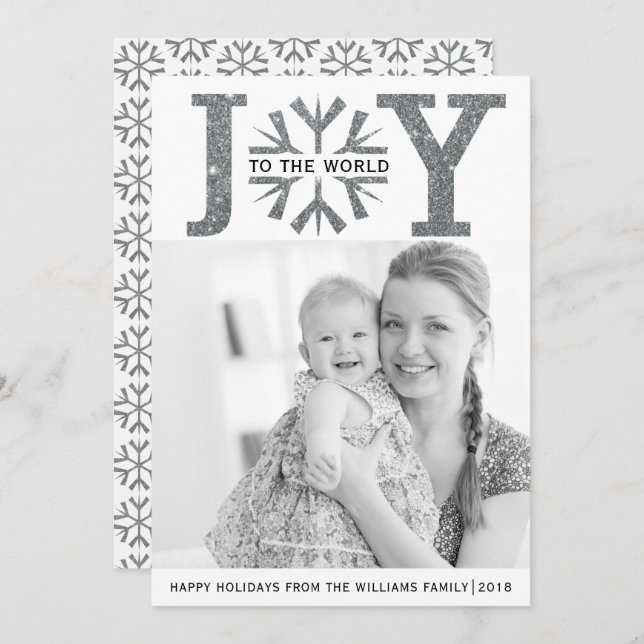 Joy to the world  silver grey snowflake Christmas Holiday Card (Front/Back)