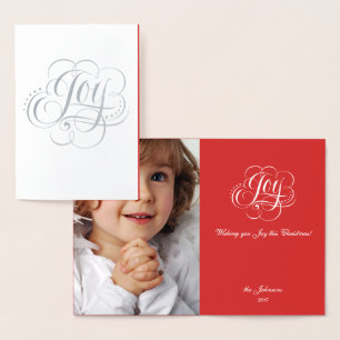 Joy to the World Silver Red Christmas Calligraphy Foil Card