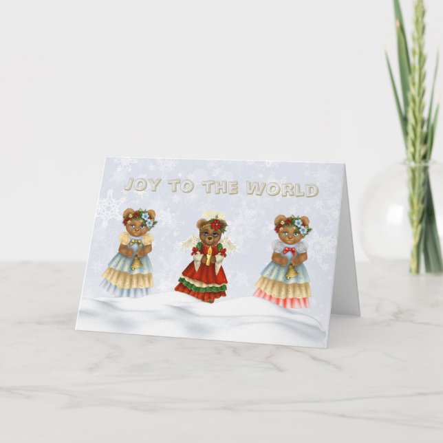 Joy to the World Singing Angel Bears Holiday Card (Front)