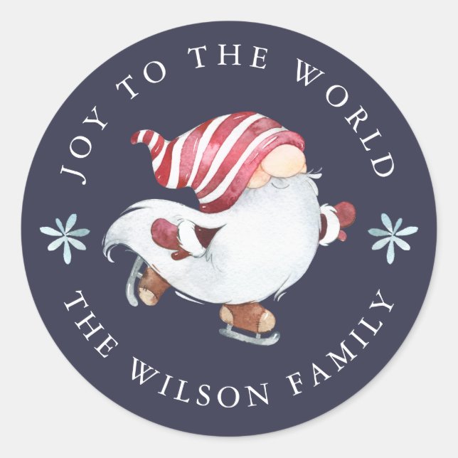 Joy to the World Skating Nisse Gnome Classic Round Sticker (Front)