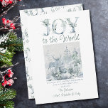 Joy to the World Snow Forest Decorative Typography Holiday Card<br><div class="desc">Personalised watercolor snowy forest christmas card with decorative lettering in soft shades of blue and green. Wording reads "Joy to the World" and you can personalise the remaining text with your own festive greeting and name(s). Subtle and elegant watercolor design with ornate typography.</div>