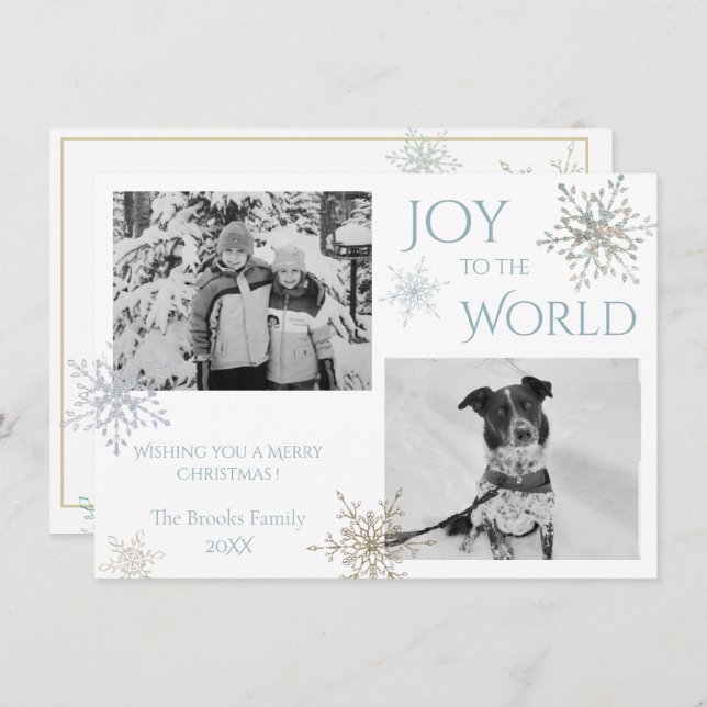 Joy to the World Snowflake Two Photo Christmas Holiday Card (Front/Back)