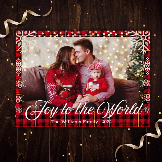 joy to the world, snowflakes buffalo plaid photo holiday card (Creator Uploaded)