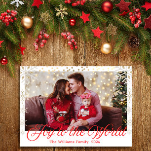 joy to the world, snowflakes red script photo holiday card