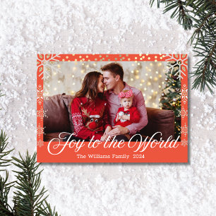 joy to the world, snowflakes sparkles red photo holiday card