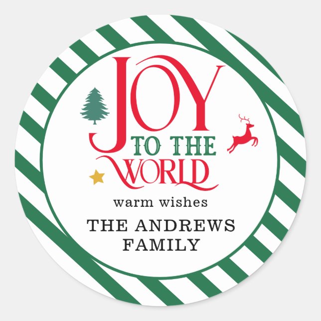 "Joy to the world" Stripes-Deer Tree Star Classic Round Sticker (Front)