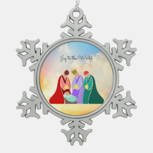 Joy to the World, The Three Wise Men illustration Snowflake Pewter Christmas Ornament