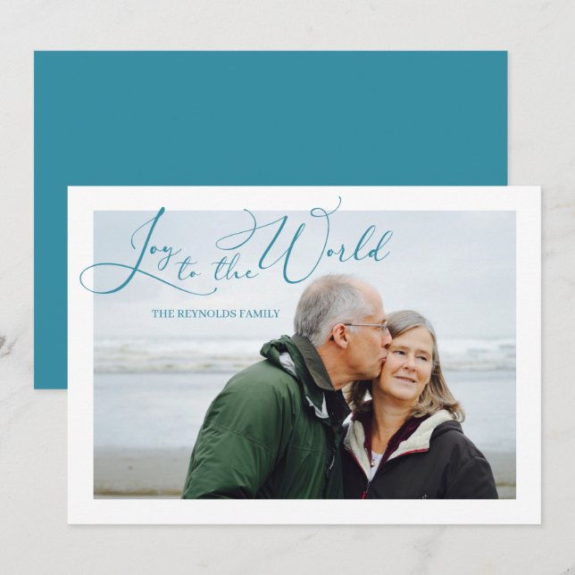 Joy to the World Turquoise Photo Christmas Holiday Card (Front/Back)
