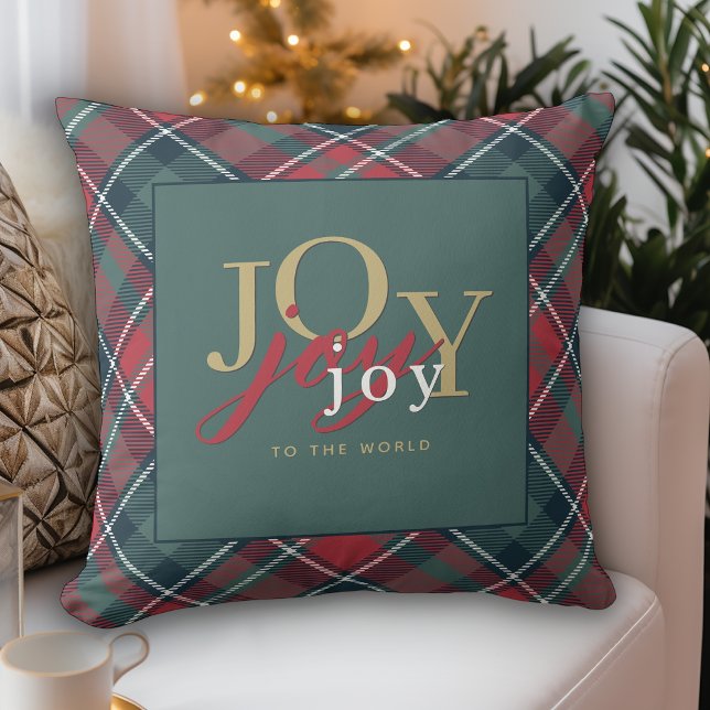 Joy to the World Typography Rustic Plaid Cushion (Creator Uploaded)