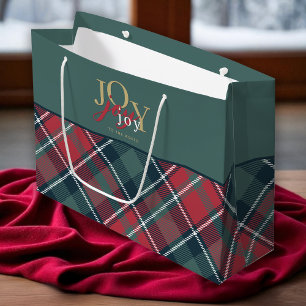 Joy to the World Typography Rustic Plaid Large Gift Bag