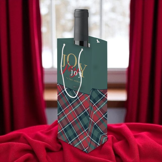 Joy to the World Typography Rustic Plaid Wine Gift Bag (Creator Uploaded)