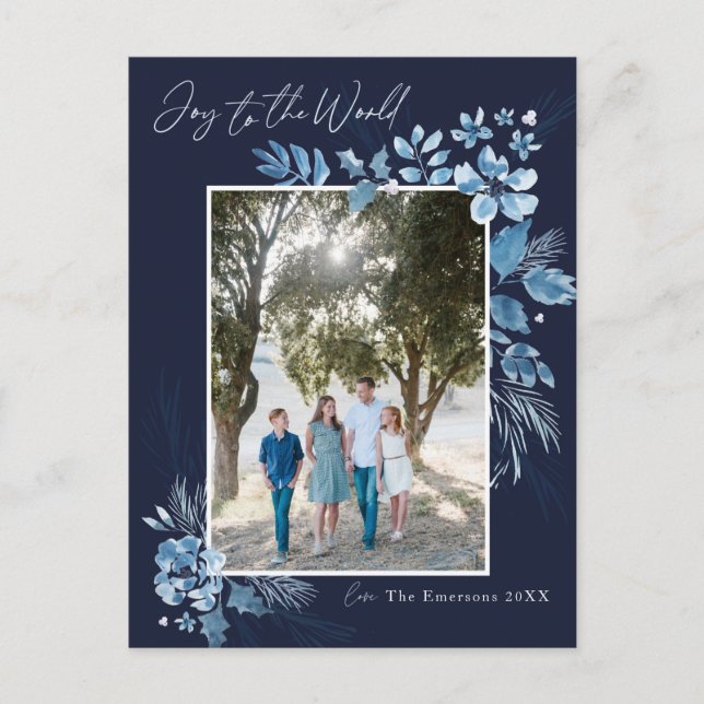 Joy to the World Watercolor flower Christmas Postcard (Front)