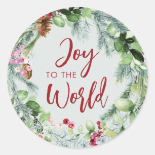 Joy to the World Watercolor Winter Wreath Classic Round Sticker