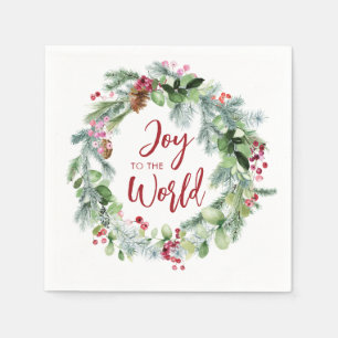 Joy to the World Watercolor Winter Wreath Napkin