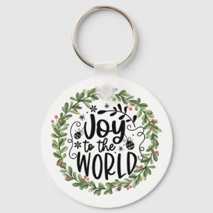 Joy to the World Watercolor Wreath Key Ring