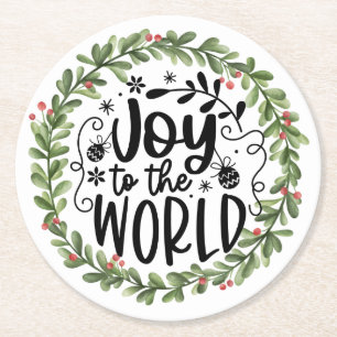 Joy to the World Watercolor Wreath Round Paper Coaster