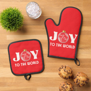 Joy to the World with Christmas Ball White Text Oven Mitt & Pot Holder Set