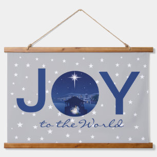 Joy to the world with nativity in blue hanging tapestry