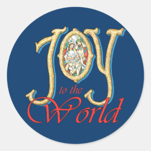 Joy to the World with Stained Glass Nativity Classic Round Sticker