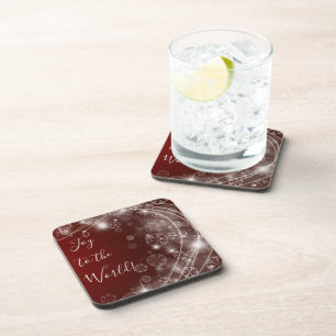 Joy to the World with White Snowflakes on Red Coaster