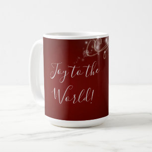 Joy to the World with White Snowflakes on Red Coffee Mug