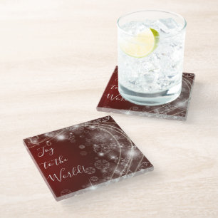 Joy to the World with White Snowflakes on Red Glass Coaster