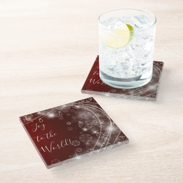 Joy to the World with White Snowflakes on Red Glass Coaster (Angled)