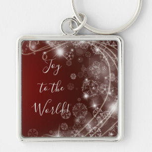 Joy to the World with White Snowflakes on Red Key Ring