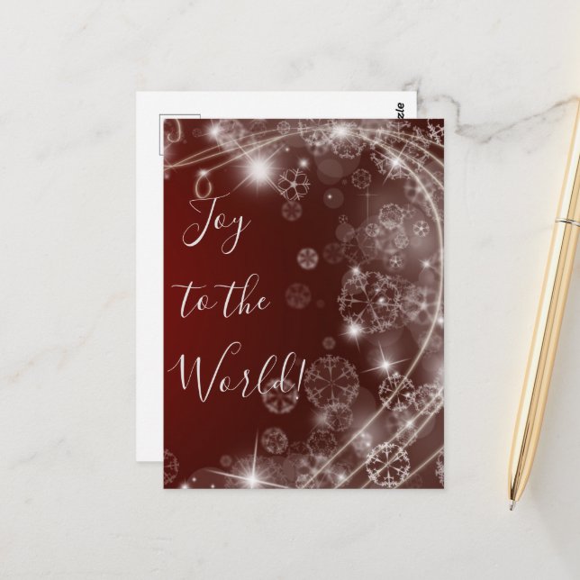 Joy to the World with White Snowflakes on Red Postcard (Front/Back In Situ)