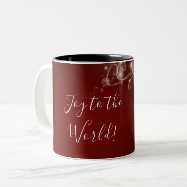 Joy to the World with White Snowflakes on Red Two-Tone Coffee Mug (Front Left)