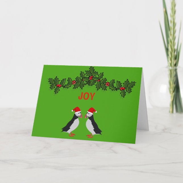 Joy twin puffins Christmas card (Front)