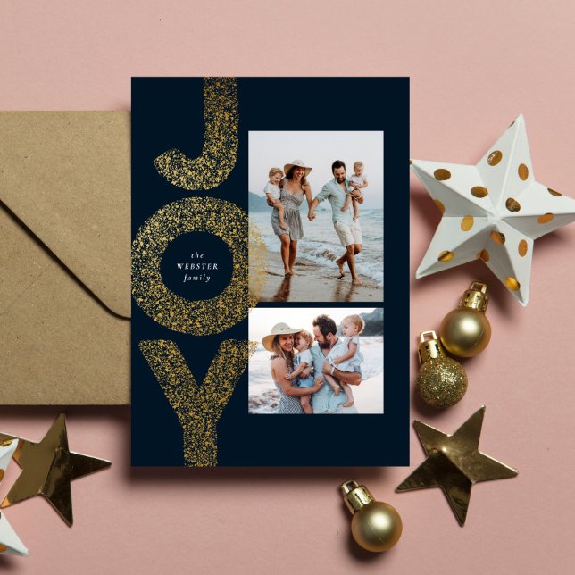 Joy two photo Christmas faux gold navy Holiday Card (Creator Uploaded)