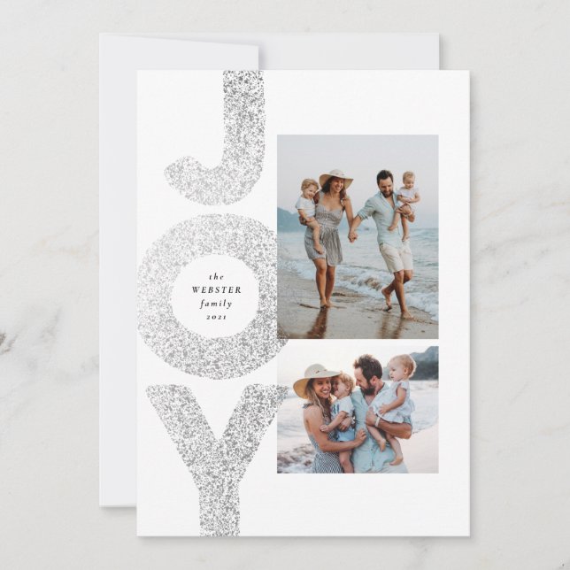 Joy two photo Christmas faux silver speckle modern Holiday Card (Front)