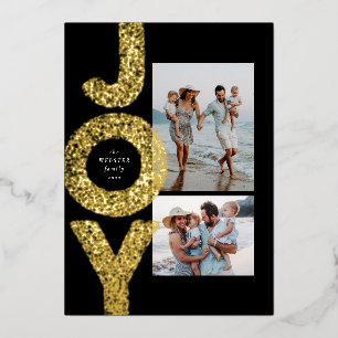Joy two photo speckle gold black modern Christmas Foil Holiday Card