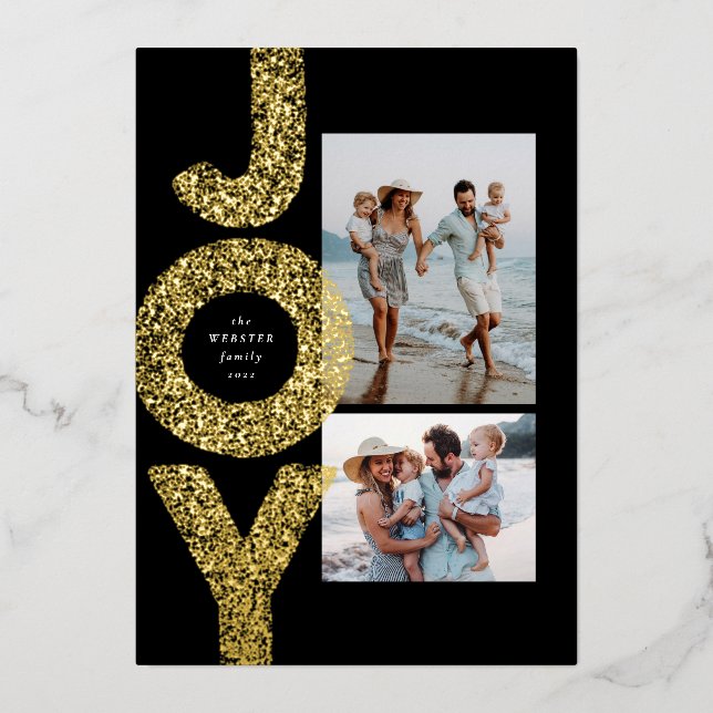 Joy two photo speckle gold black modern Christmas Foil Holiday Card (Front)